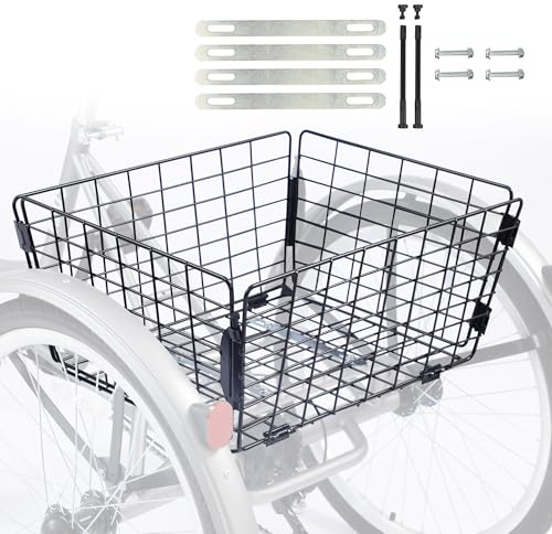 WEEROCK Tricycle Rear Basket Folding Large Capacity Baskets Steel Basket for 20 24 26 Inch Tricycles Trike, Black
