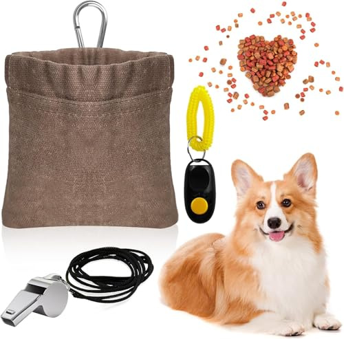 Prebarfun Dog Treat Bag, Hand-Free Dogs Treat Bag with Automatic Closure, Puppy Dog Training Pouch, Waterproof Snack Pouch with Carabiner Training Clicker Whistle (Grey)