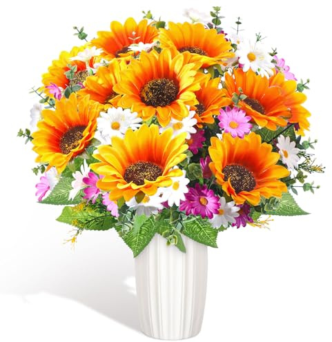 Giegxin 2 Bundles Memorial Day Sunflower Cemetery Flowers for Grave Vase Artificial Memorial Flower Bouquet 19.7Inch Fake Silk Floral Arrangement for Headstone Gravesite Outdoor (Sunflower Daisy)