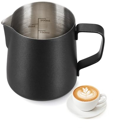 BS-VOG Milchkännchen 200ml, Edelstahl-Milchaufschäumkanne mit Messskala für Kaffeemaschine, Kleine Milchkanne für Zuhause Barista Cappuccino Espresso, Rostbeständige Latte Art Tasse, Schwarz