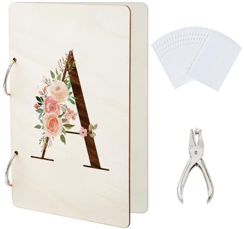 SUPERDANT Letter A Greeting Card Organizer Flowers Postcard Binder Birthday Wooden Cards Keeper Storage Photo Album Cover for Wedding Holiday with Punch and 20pcs Inner Pockets Gifts