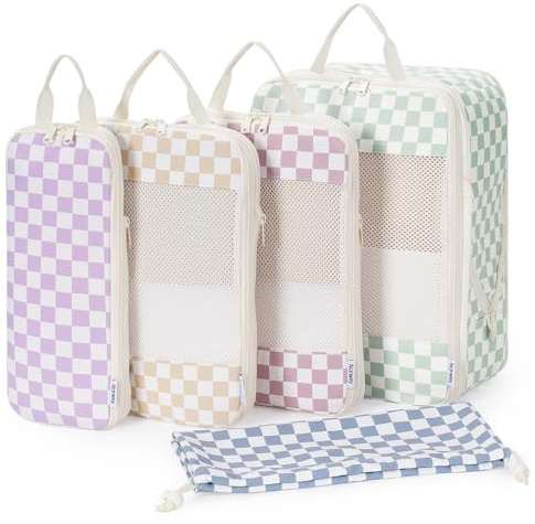 Narwey 5 Teilige Kompression Koffer Organizer Set, Compression Packing Cubes Reise Packwürfel Rucksack Organizer Set Packtaschen für Koffer, Kofferorganizer Travel Essentials Bag (Kombiniert Checker)