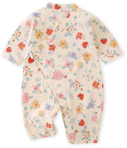 BINIDUCKLING Baby Muslin Romper 100% Cotton Newborn Kimono Outfit (Floral&Strawberry,3-6 Months)