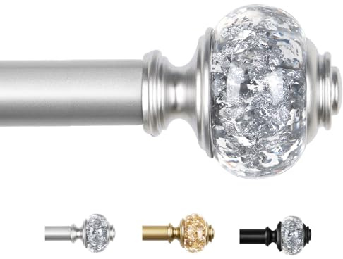 USFOOK Silver Curtain Poles for Eyelet Curtains 80 to 148 cm, 22mm Curtain Pole with Crystal Finials, Decorative Extendable Curtain Rods for Windows