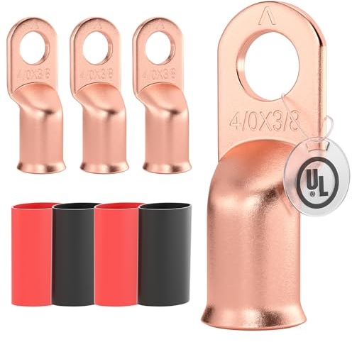 AIRIC UL Listed 4/0 AWG - 3/8 Battery Cable Lugs, Heat Shrink Ring Terminals End, Copper Cable Ends, Wiring Connector Terminal, Electrical Crimp Connectors, Wire Lug for 4/0 Gauge Wires, 4 PCS