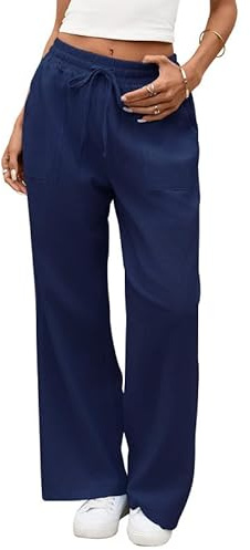 CrystErzoix Pantaloni Lino Donna Estivi Leggeri Pantaloni Palazzo Eleganti con Elastico in Vita Pantalone Larghi Fluido Comodi