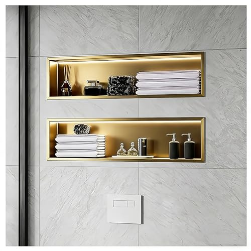 Zfmnoyev 1pcs Stainless Steel Shower Niche, Waterproof Recessed Wall Shelf, No Tile Needed Wall Niche with LED Light, Horizontal Niche for Bathroom Storage(Gold,920x320x125mm)