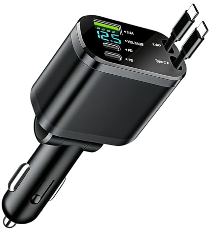 5 en 1 Cargador Coche Carga Rápida 45W Retráctil Adaptador USB Cargador Mechero QC3.0 USB-C/USB-A y Cable Retráctil Tipo C PD30W para iPhone 17 16 15 Samsung Galaxy S24 S23 S21
