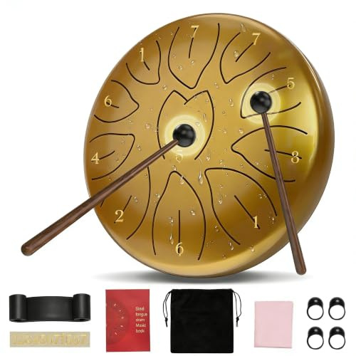 Steel Tongue Drum for Outside 6 Inch 11 Notes Hand Pan Drums for Musical Education Concert Mind Healing Yoga Meditation, Gold