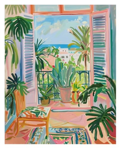 1 St Öppet Fönster Tryck Stil Fauvism Målning Hav Apelsinträd Kustnära Utsikt Canvas Affisch