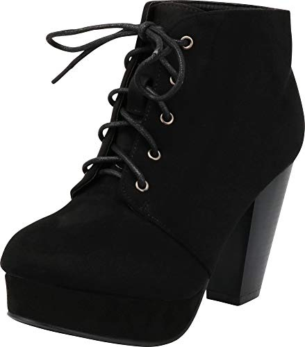 Forever Camille-86 Women's Comfort Stacked Chunky Heel Lace Up Ankle Booties,Black,10