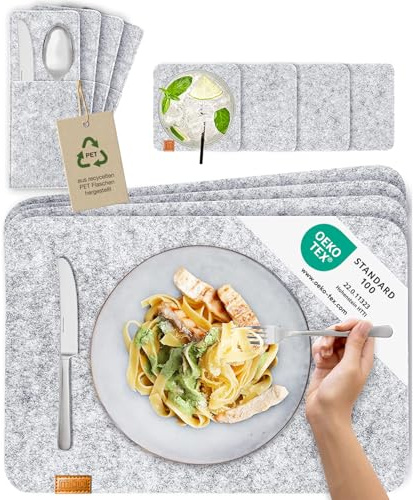 MIQIO® Scandi Style Felt Place Mats with real Leather Label - Washable | Set of 4 Felt Placemats 44x30 cm, Cuttlery Bags, Glass Coasters | Table Mats for Easter Table Decoration | Light Grey