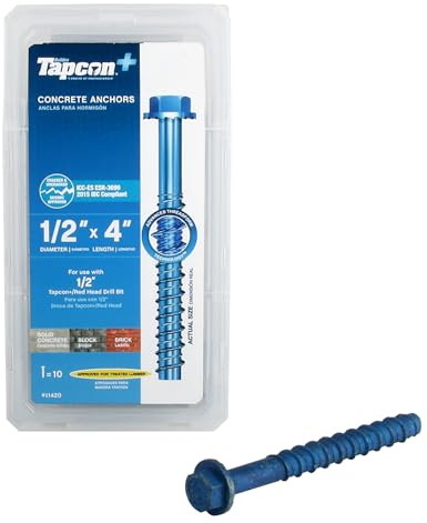 Tapcon+ 1/2 x 4 Inch Heavy-Duty Hex Head Concrete Anchors, 10 PCS, Corrosion Resistant Blue Climaseal™ Coating, Outdoor Rated Use, Concrete Block & Masonry Brick Screws, Drill Bit Sold Separately