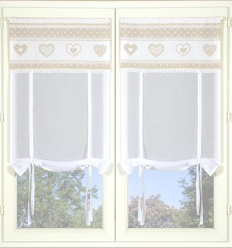 Atout Ciel Paire de Stores en Voilage réglables avec Parement imprimé et Passe-Tringle prêts à Poser, 2X 60x120cm, Beige