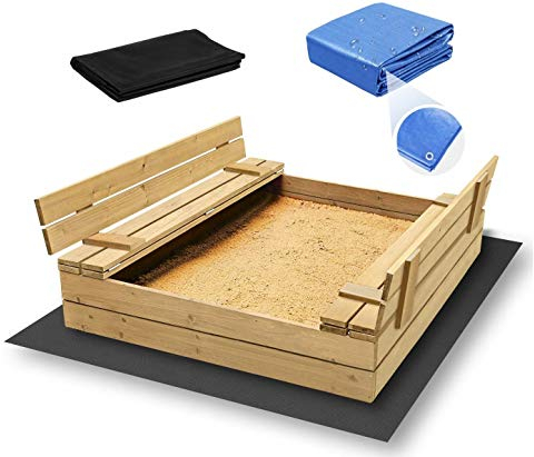 ADGO Chiuso sabbiera in legno 120 x 120 cm con panchine. Il set contiene tessuto non tessuto agrotessile per l'isolamento del pavimento e una copertura antipioggia (non verniciata)