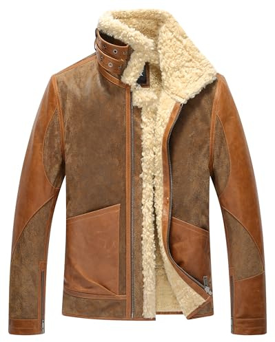 FLAVOR Mens Leather Bomber Jacket Warm Piolt Winter Shearling Jackets Aviator Coat (Large, Brown)
