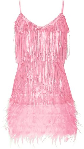 Women's Sequin Cocktail Dresses 1920s Flapper Dress Gatsby Fringe Mini Dresses Feather Prom Party Dress(A-Pink,L)