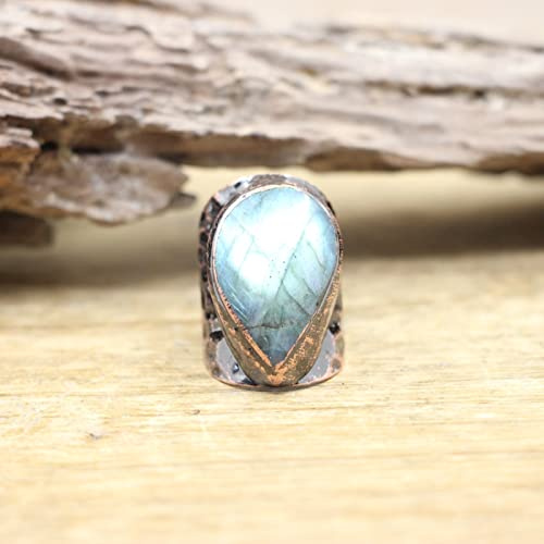 Antika kopparringar naturlig sten justerbar bandring vintage