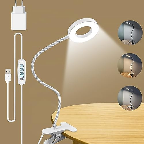 ZEYACHAN Lampada da Lettura con Pinza,Lampada da Scrivania LED 3 Colore e 10 Luminosità,Pulsante Intelligente,Lampada con Caricatore USB per Libro,Letto,Tavolo,Braccio Luminoso Rotante a 360 Gradi