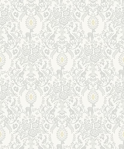 Vliestapete Tiere Wald Blumen Blätter Weiß Grau Gold Metallic JS3311