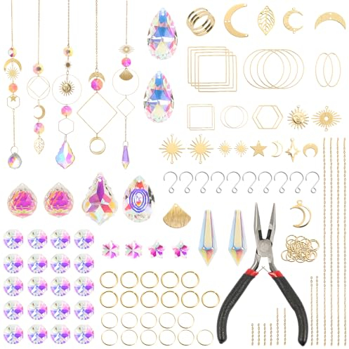 EDWINENE Kristall Sonnenfänger 200 Stück DIY Bastelsets Sonnenfänger für Fenster, Goldkette Stern Sonne Mond Anhänger Kristalle Hängender Schmuck Regenbogen Tropfen Prisma