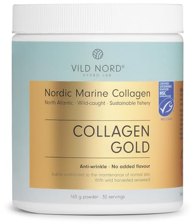 Vild Nord Collagene Marino in Polvere Gold - 165 g, 30 porzioni - Peptidi di collagene idrolizzato di tipo 1 con vitamina C e iodio per pelle, muscoli, capelli, unghie, articolazioni e ossa