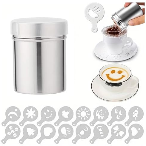 Spargitore per cacao per cappuccino, spargicacao in acciaio inox, con 16 stencil per cappuccino, spargicacao per cioccolata calda, pane, zucchero a velo