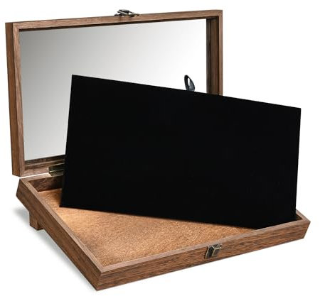 MOOCA Tempered-Glass Top Wooden Jewelry Display Case with Removable Base, Black Luxurious Velvet Jewelry Display Pad & 20 Removable Pins, Deeper 2.2 Design for Collectibles, Brown Color
