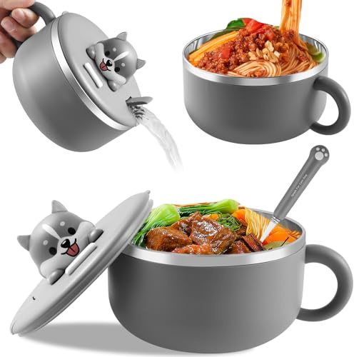 NIHUIFDPY 1200ml Ramen Bowl with Handle and Lid, Sealed Ramen Cooker with Fork, Insulated Noodle Bowl with Air Holes, Round Noodles Soup Bowl, Salad Box for Office College (Grey)