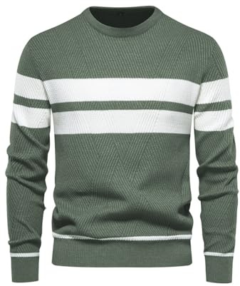 LUVCES Maglione Uomo Casual Girocollo Color Block Righe Manica Lunga Maglione Lavorato a Crew Maglia da Indossare Ogni Giorno Verde Militare M