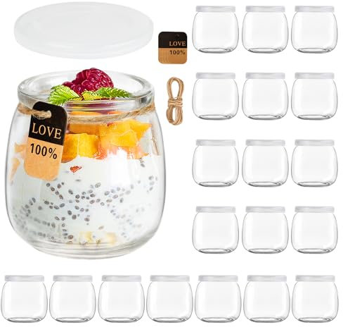 KIMIGO 200ml Dessertgläser,Durchsichtige Joghurtgläser with Lid (20 Stück) - Joghurtgläser mit Deckel,Joghurt-Gläser, Weckgläser Glas Einweckgläser Tulpenglas für Marmeladen, Gelees, Honig, Desserts