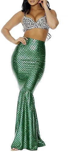 Nicoxijia Women's Halloween Mermaid Costume Skirt Sexy High Waisted Fish Tail Skirt Cosplay Fancy Sequins Fishtail Long Skirt (Green, L)
