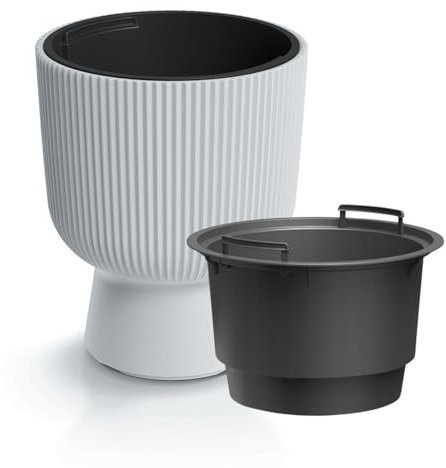 B2C Plant Pots Flower Planter 7 Colours 3 sizes Tall with insert Wavy Plastic Pot Boho Elegant Textured Cylindrical with base indoor/outdoor Modern (White, 24cm - 8.5L)