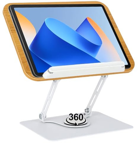 30x24cm Buchständer zum Lesen, 360° drehbare Basis Leseständer, faltbar & tragbar Kochbuchhalter mit Seitenclip Holz Buchständer für Büros Küchen Lehrbücher Musikpartituren Tablets Laptops