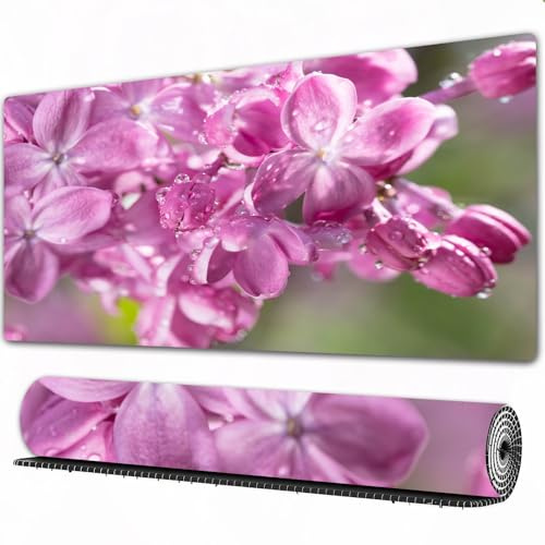 FEHWI Grand Tapis de Souris de Jeu avec Bords surpiqués et Dos antidérapant,sous-Main pour Clavier et Souris,Arrière-Plan de Fleurs de Lilas. Lilas Rose printanier en Fleurs dans Le Parc.,90×40 cm