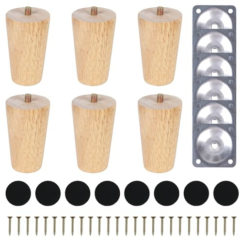COEWUR 6 Pezzi Piedini per Mobili in Legno 8cm Massello Gambe per Mobili con Piastra di Montaggio Feltrini Viti Piedini per Letto Divano Armadio Poltrona