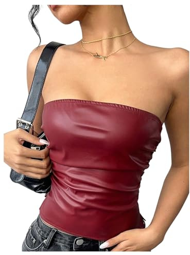 GORGLITTER Women's Leather Top Strapless Tube Tops Ruched Zipper Back Sexy Skinny Bandeau Top Burgundy M