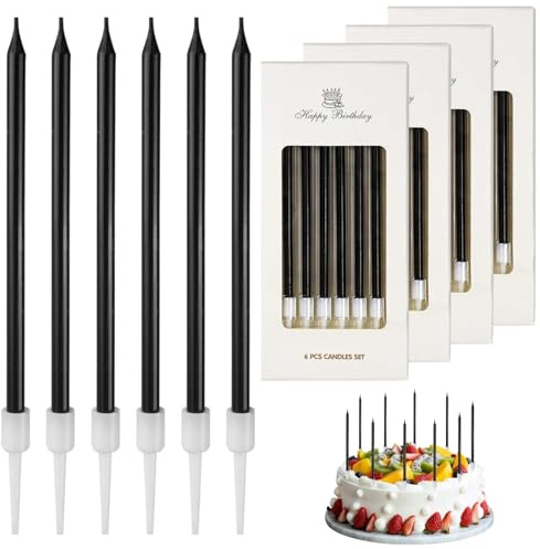 24 Stück Geburtstagskerzen Kuchen Schwarz, Dünn und Lang, Geruchsfrei, Ungiftig, Mit Ständer, für Dekorative Geburtstag Hochzeit Party, Geburtstagskerzen für Torte(Schwarz)