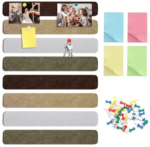 Lot de 8 bandes en liège - Avec 30 punaises et autocollants - Tableau d'affichage autocollant - Tableau en feutre pour accrocher des photos - Tableau bulletin - Décoration murale pour notes de bureau