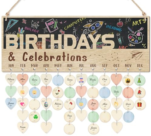 CHDITB 3D Classroom Birthday Chart Wall Hanging(16x6), Wooden Birthday Calendar Reminder for Classroom Students Kids, Funny Blackboard Theme Birthday Board Tracker with 100 Round Heart Tags