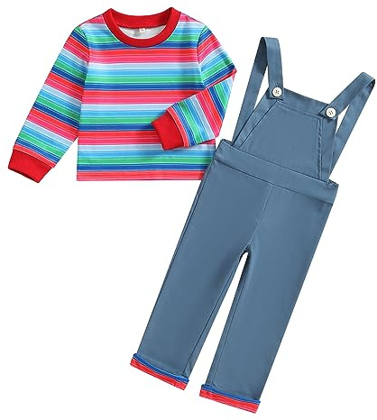 BABWWNIX Toddler Baby Boy Girl Halloween Chucky Doll Costume Long Sleeve Striped Top Overalls Suspender Pants Cosplay Outfits (Blue, 0-6 Months)