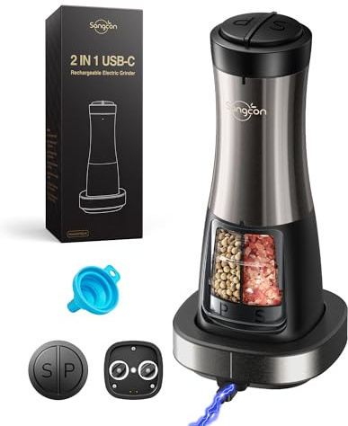 Sangcon Electric Salt and Pepper Grinder Set Shaker 2 IN 1 - USB RECHARGEABLE Salt and Pepper Mill with Charging Base, Adjustable Coarseness Automatic Grinder with Light, House Warming Cooking Gifts