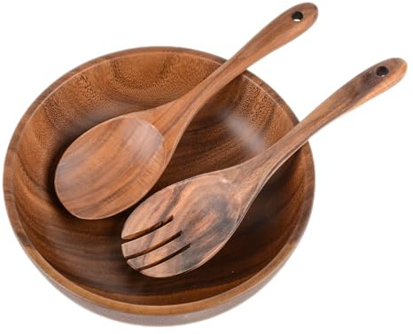 Yuedefly 3er Set Holz Salatschale, 24 cm Acacia-Holz Salatschale mit Servierutensilien,Ideal für Obst, Gemüse und Salate