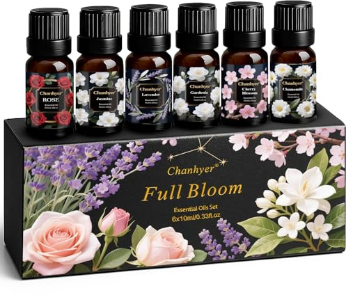 Floral Essential Oils Set 6 x 10ml – Gardenia, Jasmine, Rose, Chamomile, Cherry Blossom, Lavender – Pure Fragrance Oils for Diffuser, Aromatherapy and Gift