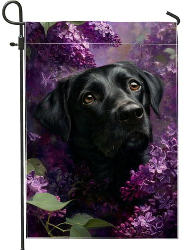 Bandiera da giardino floreale con cane nero, fiori viola lilla decorazione per esterni, bandiera da cortile in iuta su entrambi i lati, decorazione stagionale per la casa, 30,5 x 45,7 cm