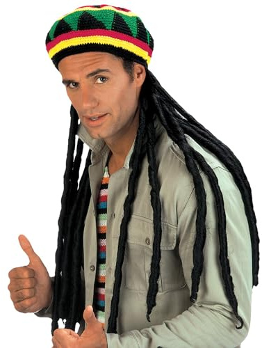 W WIDMANN MILANO Party Fashion 8490R - Rastahut, mit extra langen Dreadlocks, Rastafari, Hut, Kopfschmuck, Accessoire, Karneval, Mottoparty