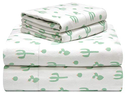 pointehaven Set di lenzuola in flanella stampata in 100% cotone da 180 g/m², effetto velluto, per letto king size, cactus, calde e accoglienti, prelavate, tasche profonde, elastico tutto intorno,