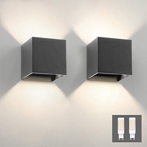 Klighten 2er Wandleuchte Aussen/Innen Modern Up Down Design, 9W Wandlampe Mit Einer Ersetzbaren G9 Birne, IP54 Wasserdichte Außenwandleuchten 4000K Natürliches Weiß, Dunkelgrau