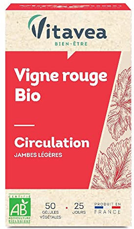 Vitavea - Complément Alimentaire Circulation - Sensation Jambes légères - Vigne Rouge BIO - Jambes Légères et Circulation Veineuse - 50 gélule - Cure de 25 jours - Fabriqué en France