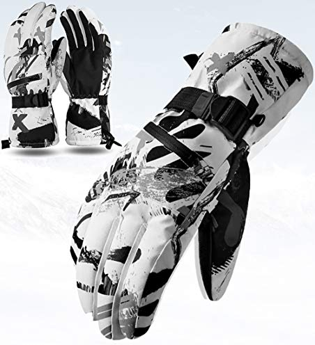 CXW Skihandschuhe Touchscreen Thermohandschuhe Wasserdicht Snowboard Handschuhe für Damen und Herren (Weiß & Grau Graffiti, L)